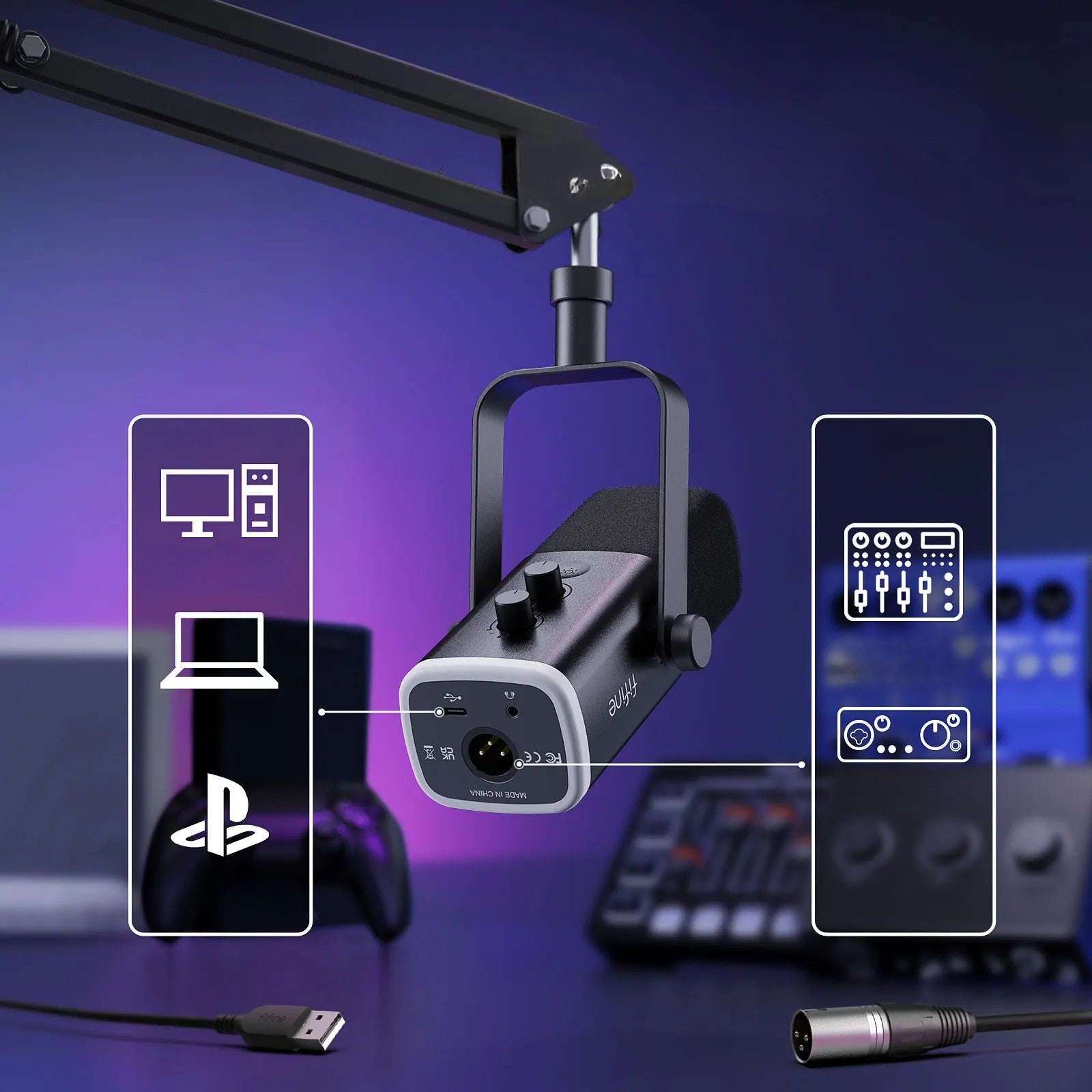 FIFINE Micro XLR/USB Gaming RGB | Bras, Mute, pour PC, PS5/PS4