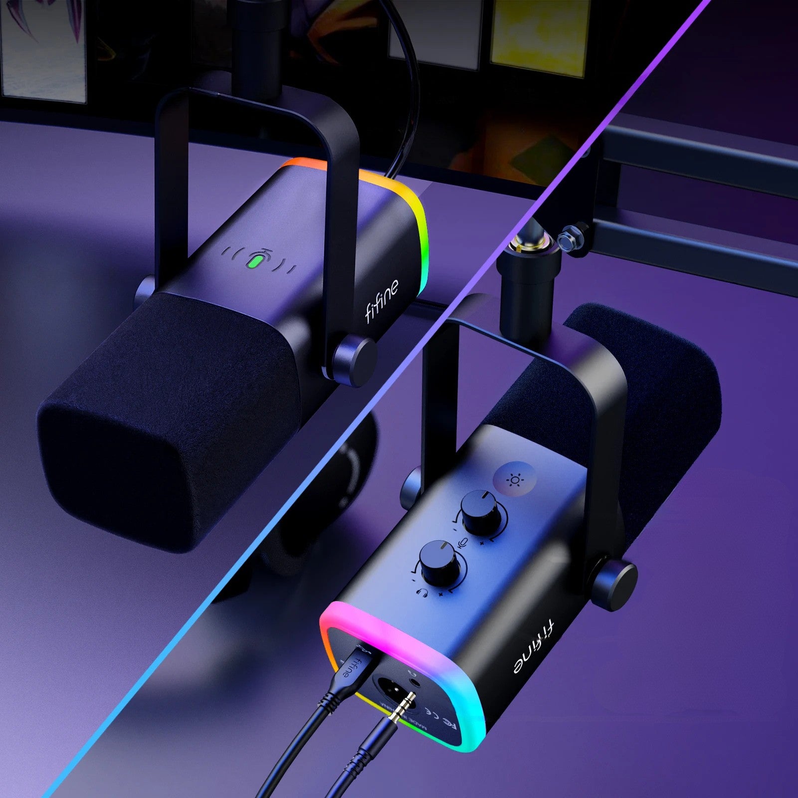 FIFINE Micro XLR/USB Gaming RGB | Bras, Mute, pour PC, PS5/PS4
