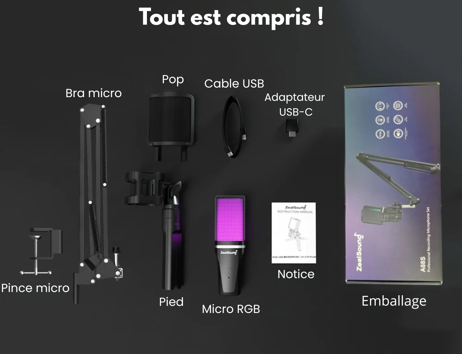 Zealsound Micro Gaming Avec Bras | RGB, Gaming Et Streaming