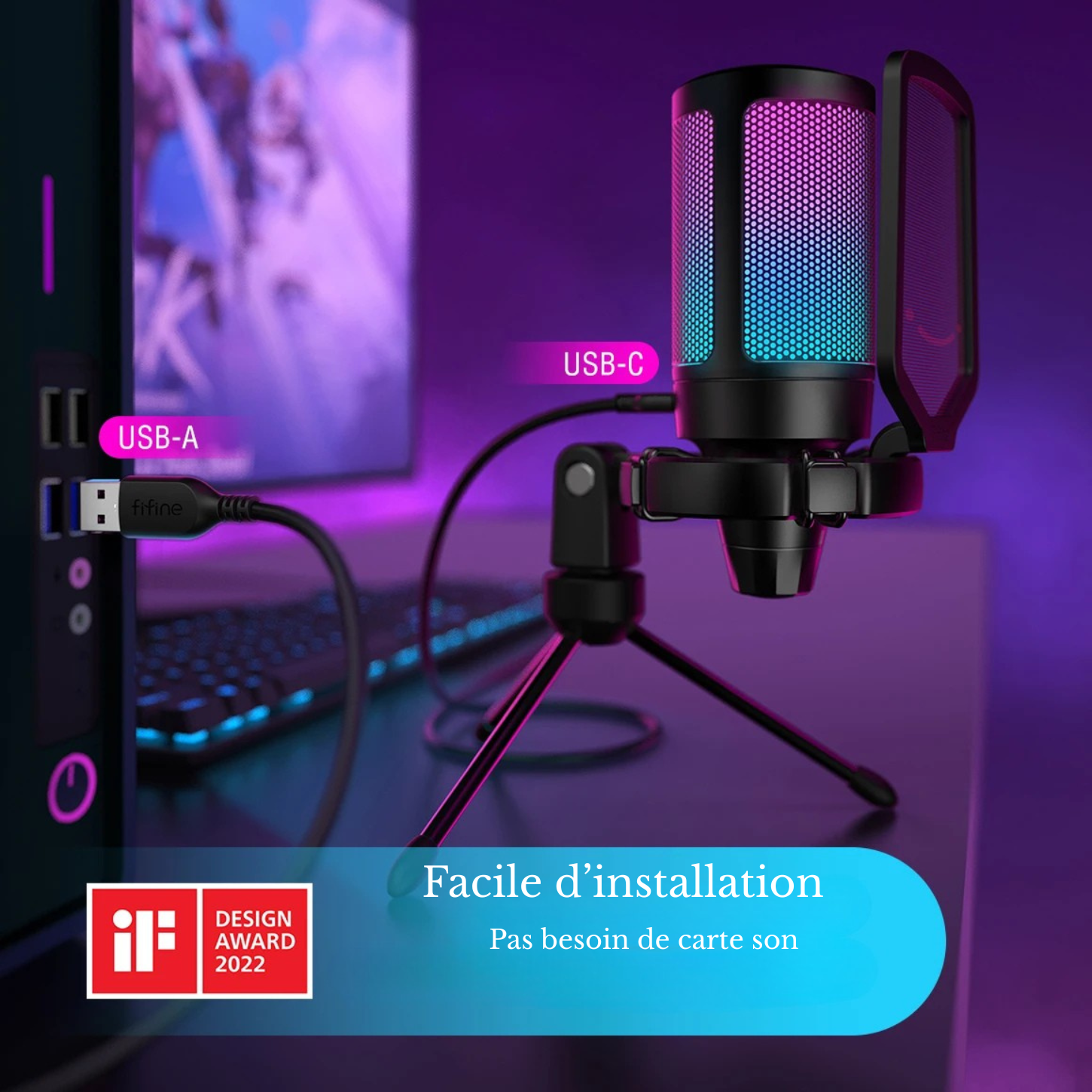 FIFINE Micro Gaming Sur Pied | USB, PC/Mac