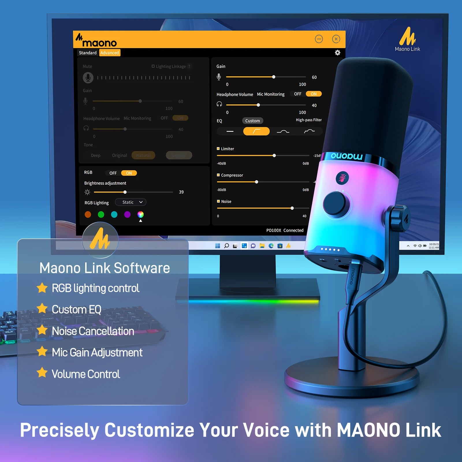 Micro RGB Lumineux Pour Gamer | MAONO PD100X USB/XLR, Mute