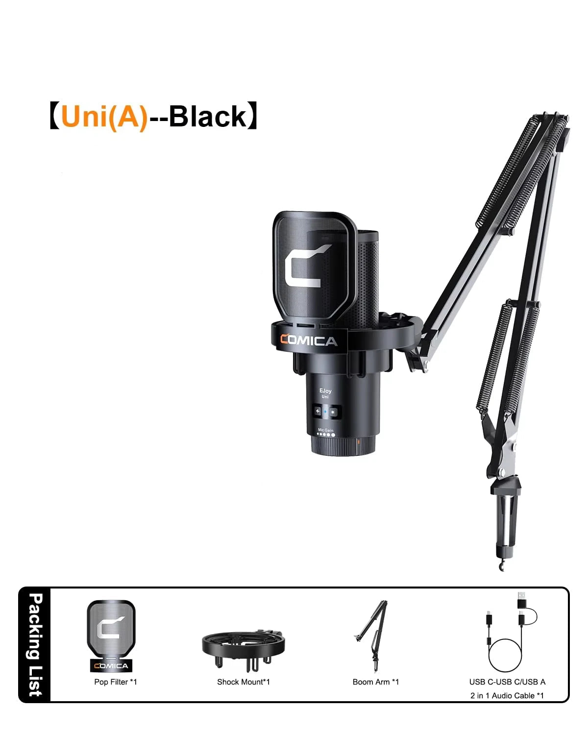 Microphone Comica filaire USB a bras noir avec éclairage RGB, conçu pour le gaming sur PC et le streaming.