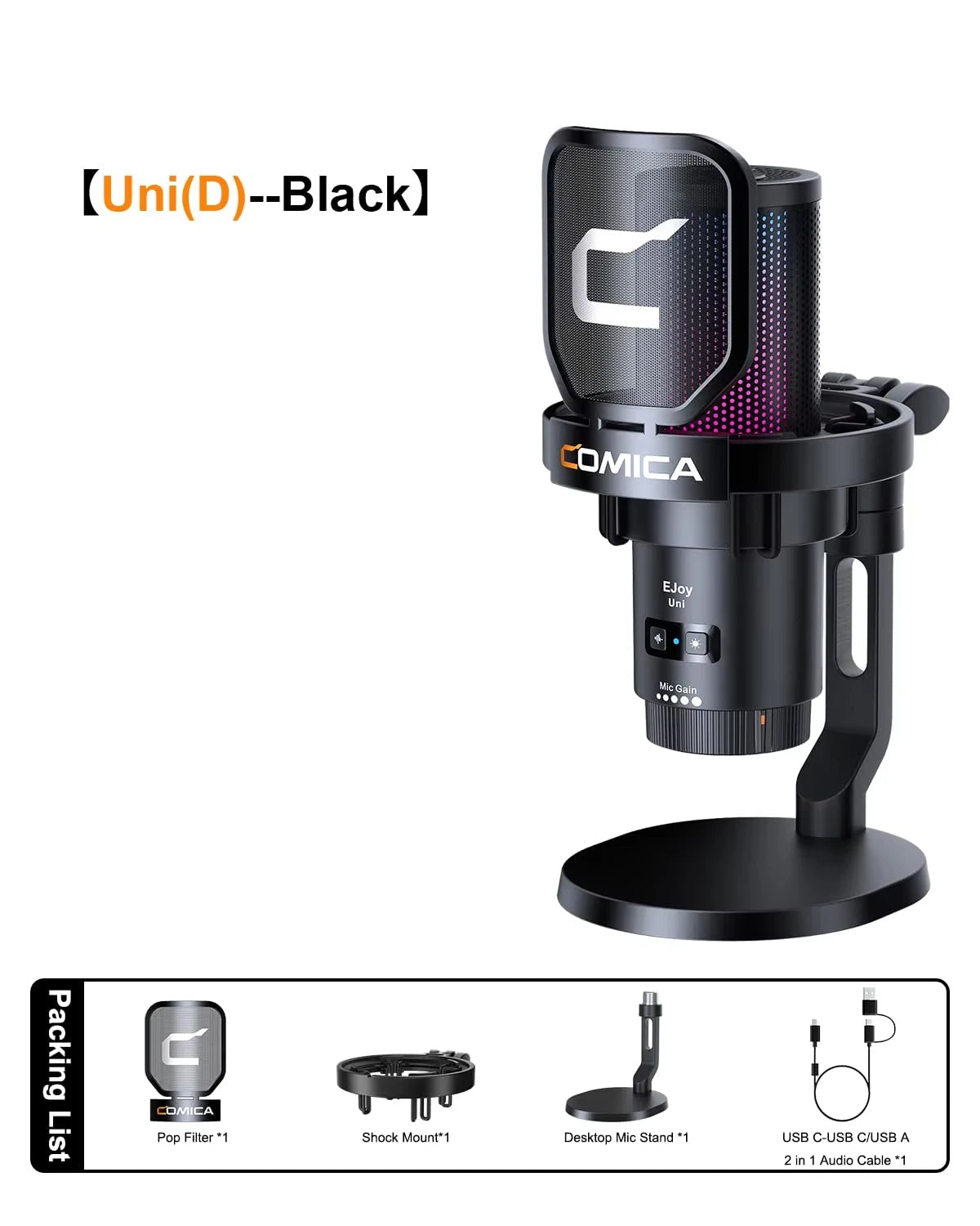Microphone Comica filaire USB sur pied noir avec éclairage RGB, conçu pour le gaming sur PC et le streaming.