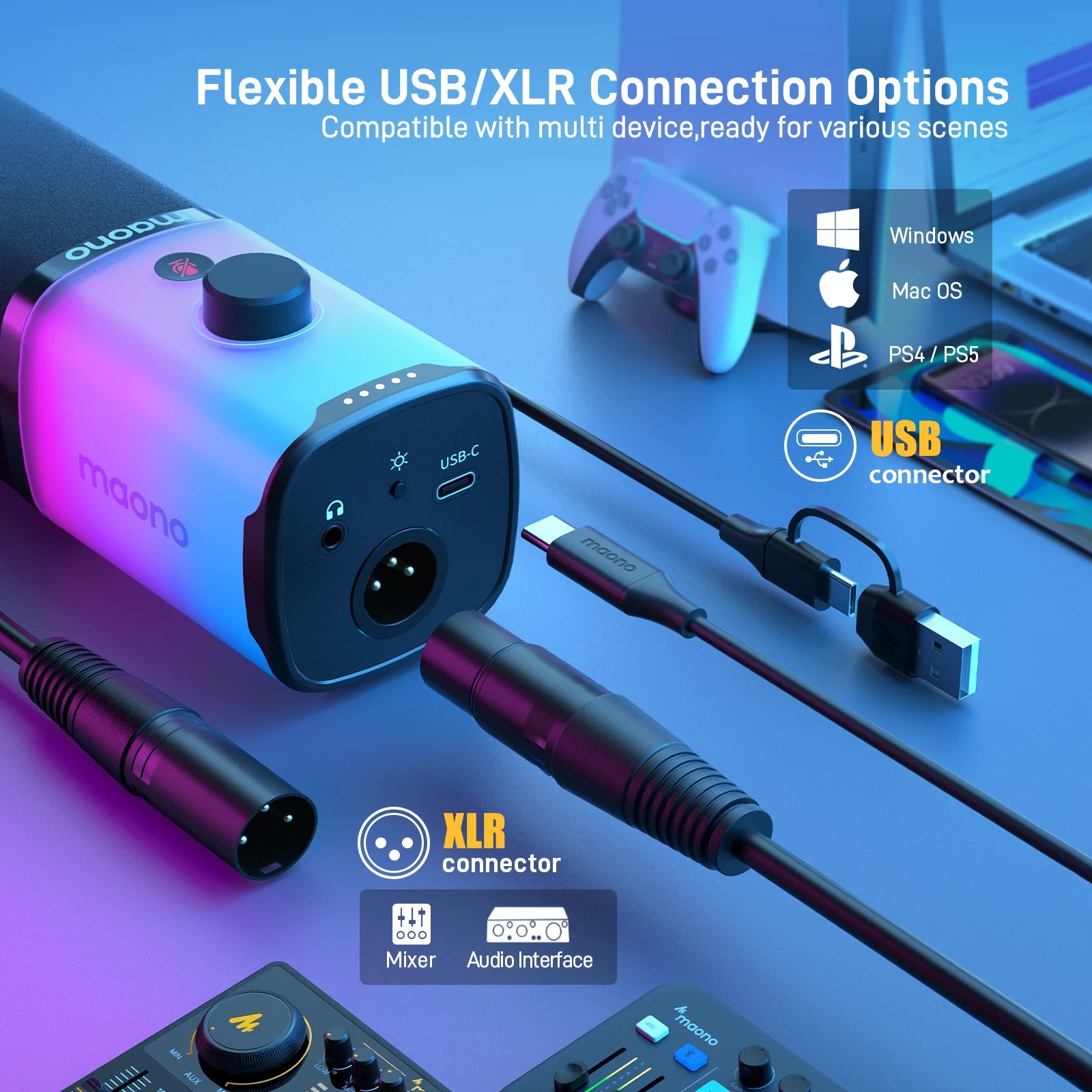 Micro RGB Lumineux Pour Gamer | MAONO PD100X USB/XLR, Mute