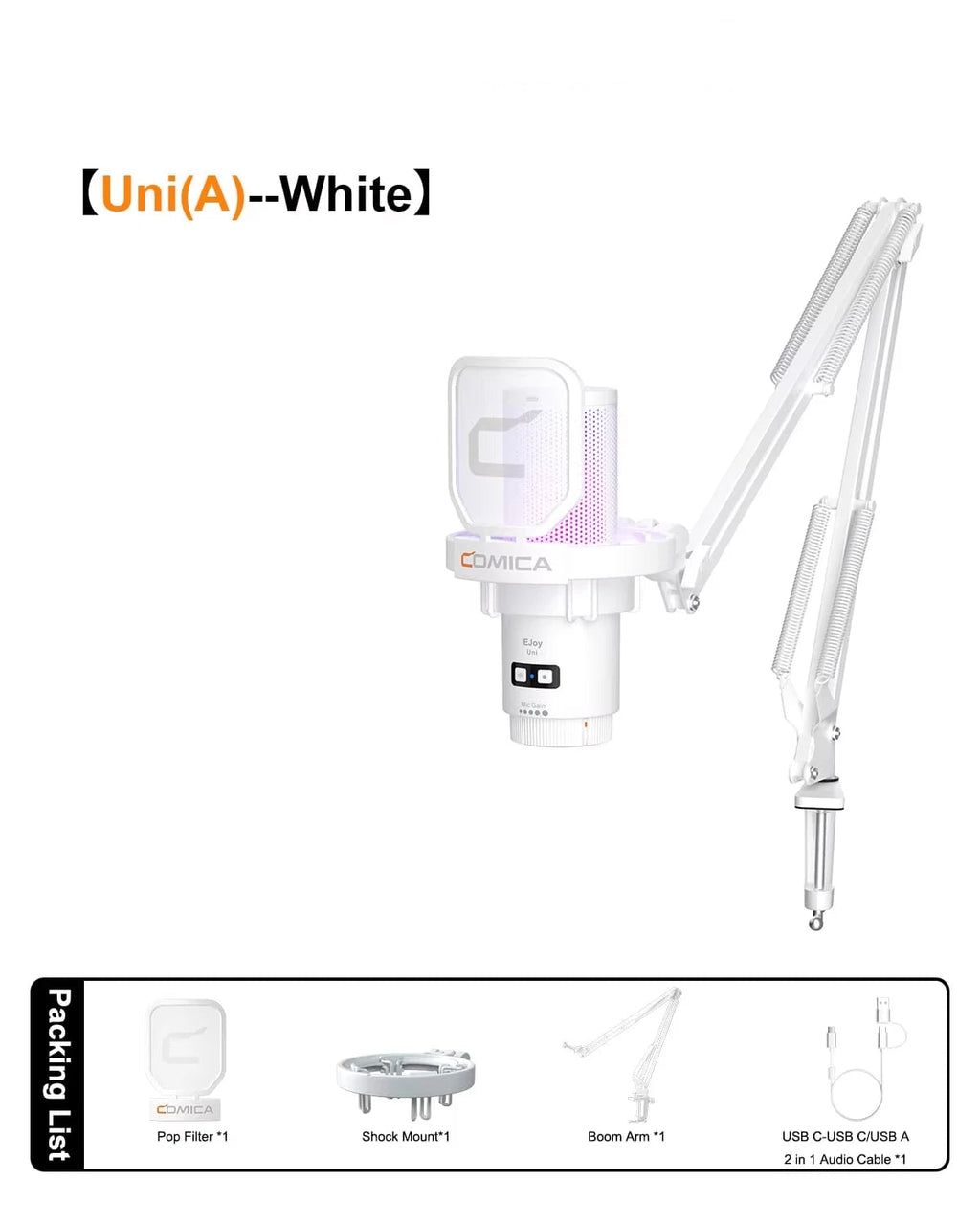 Microphone Comica filaire USB a bras blanc avec éclairage RGB, conçu pour le gaming sur PC et le streaming.
