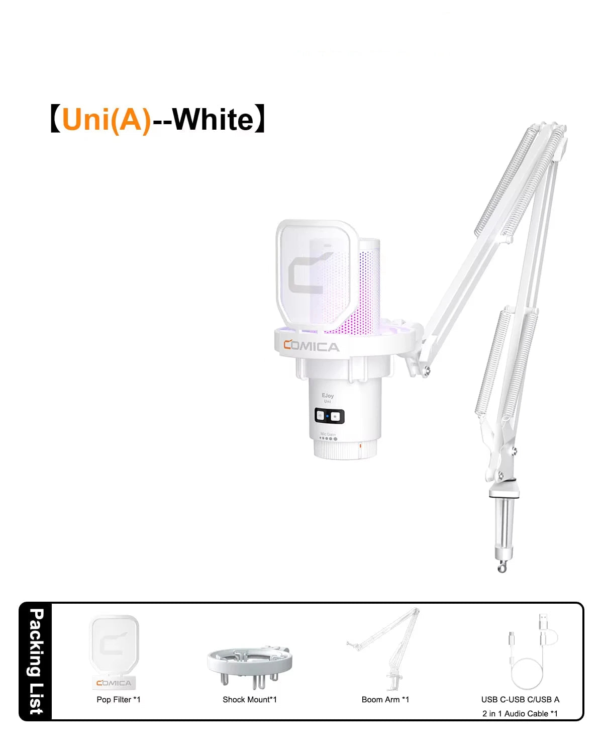 Microphone Comica filaire USB a bras blanc avec éclairage RGB, conçu pour le gaming sur PC et le streaming.