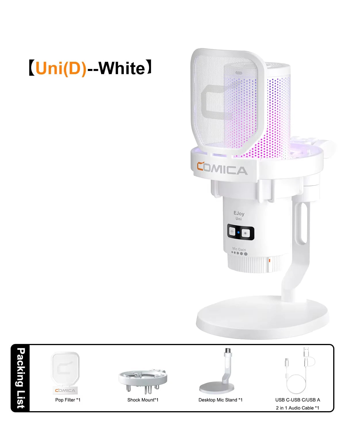 Microphone Comica filaire USB sur pied blanc avec éclairage RGB, conçu pour le gaming sur PC et le streaming.