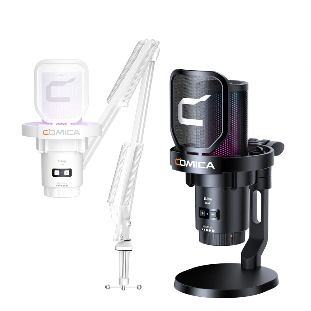 Microphone Comica filaire USB avec éclairage RGB, conçu pour le gaming sur PC et le streaming.