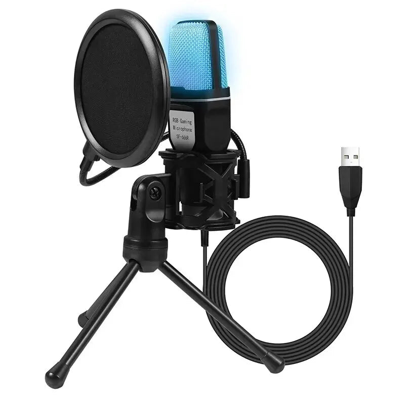 Micro sur pied RGB à condensateur pour gaming, podcast et studio PC, avec éclairage LED multicolore.