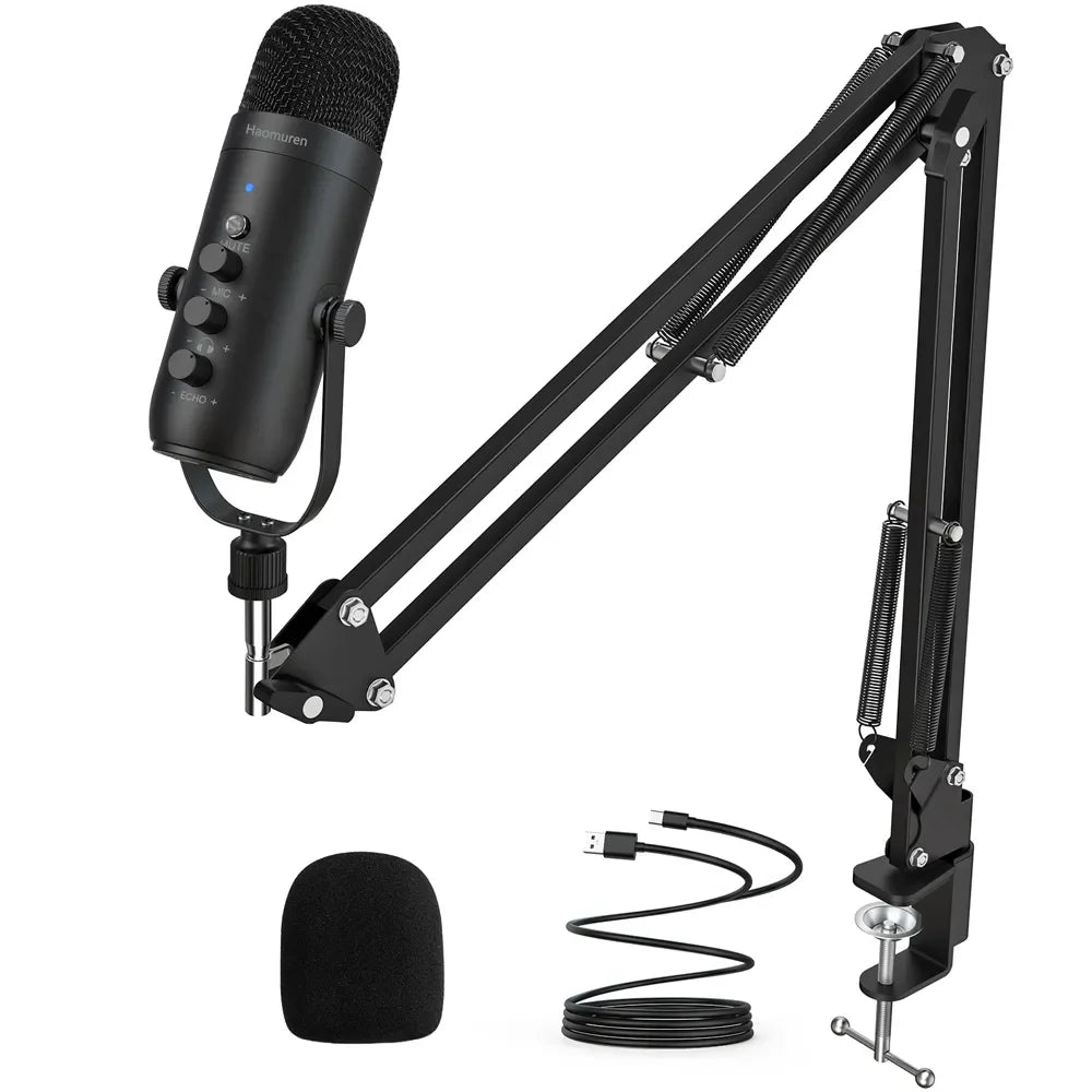 Kit studio Haomuren avec micro USB, bras articulé et filtre anti-pop, idéal pour le podcasting, le streaming et les enregistrements sur PC.