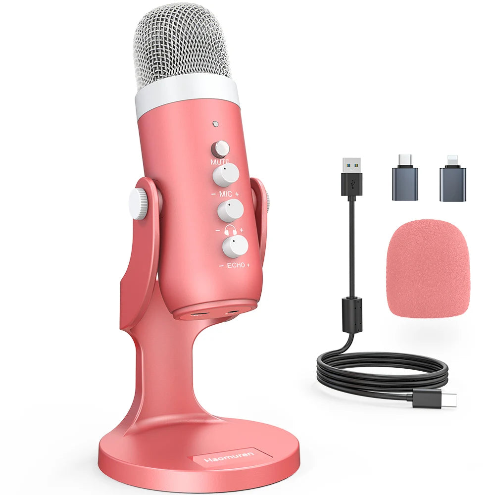 Micro USB rose Haomuren pour ASMR, podcast et enregistrement studio, design élégant et performance professionnelle.