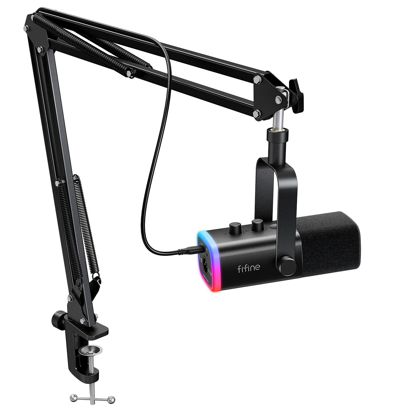 Microphone gaming FIFINE avec connectique XLR et USB, éclairage RGB, bras articulé et fonction mute, compatible PC, PS5 et PS4.