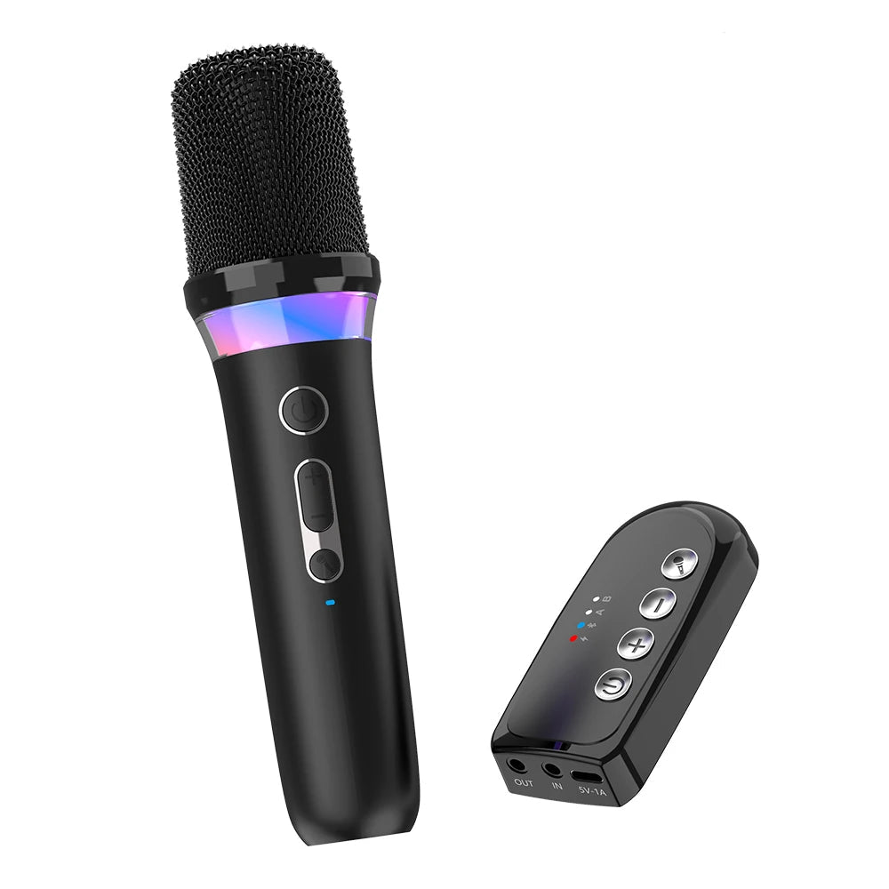 Microphone karaoké sans fil noir avec effets lumineux LED et télécommande, idéal pour chanter à la maison ou entre amis.
